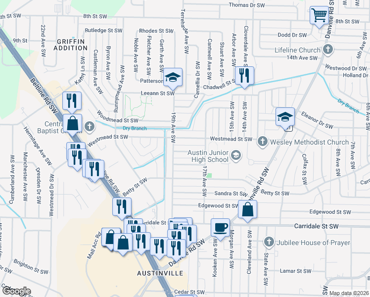 map of restaurants, bars, coffee shops, grocery stores, and more near 1711 Westmead Street Southwest in Decatur
