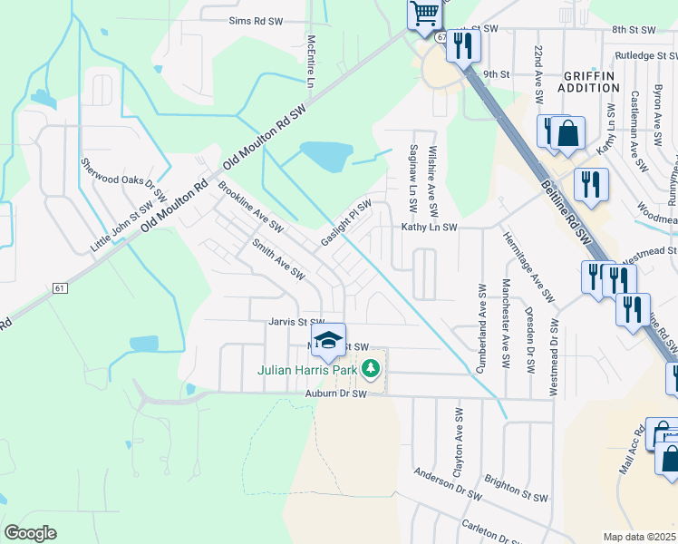 map of restaurants, bars, coffee shops, grocery stores, and more near 1602 Brookline Avenue Southwest in Decatur