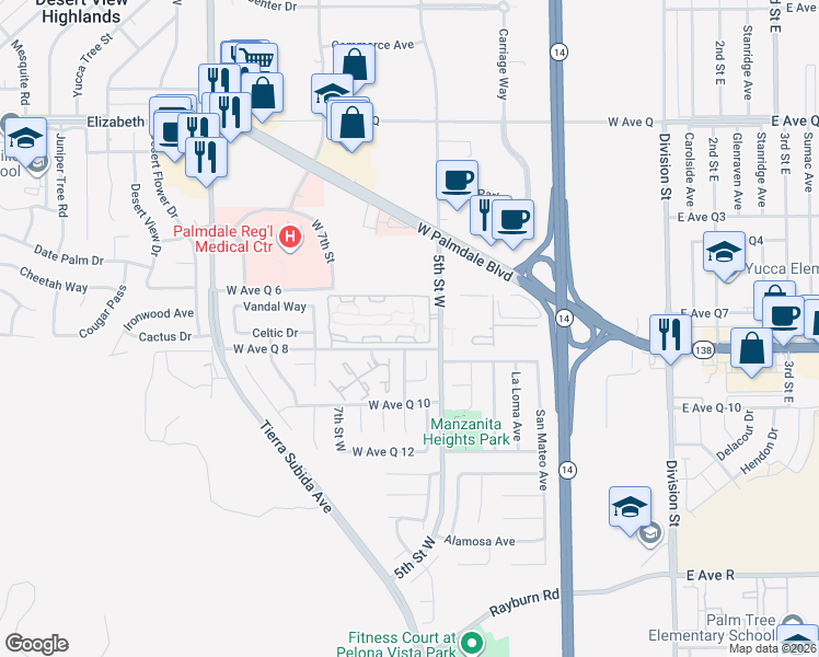 map of restaurants, bars, coffee shops, grocery stores, and more near 38441 5th Street West in Palmdale