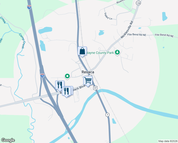 map of restaurants, bars, coffee shops, grocery stores, and more near in Resaca