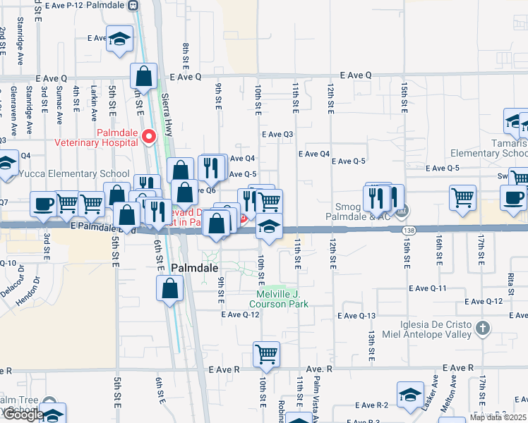map of restaurants, bars, coffee shops, grocery stores, and more near 38444 10th Street East in Palmdale
