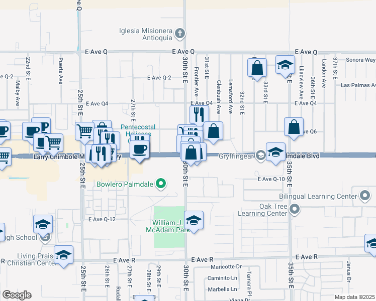 map of restaurants, bars, coffee shops, grocery stores, and more near 3005 East Palmdale Boulevard in Palmdale