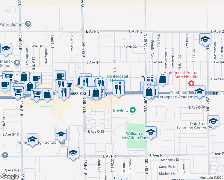 map of restaurants, bars, coffee shops, grocery stores, and more near in Palmdale