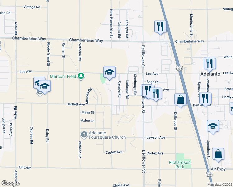 map of restaurants, bars, coffee shops, grocery stores, and more near 18162 Casaba Road in Adelanto