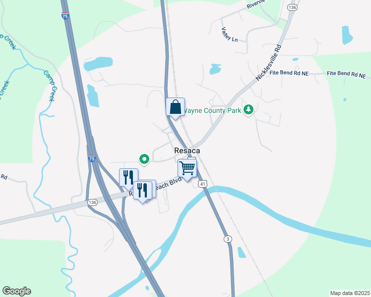 map of restaurants, bars, coffee shops, grocery stores, and more near 3032 Battlefield Parkway in Resaca