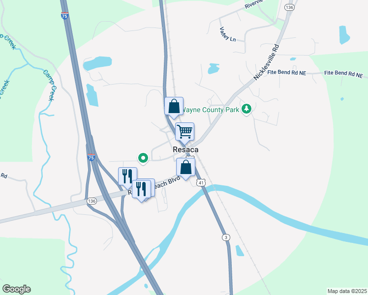 map of restaurants, bars, coffee shops, grocery stores, and more near 3032 Battlefield Parkway in Resaca