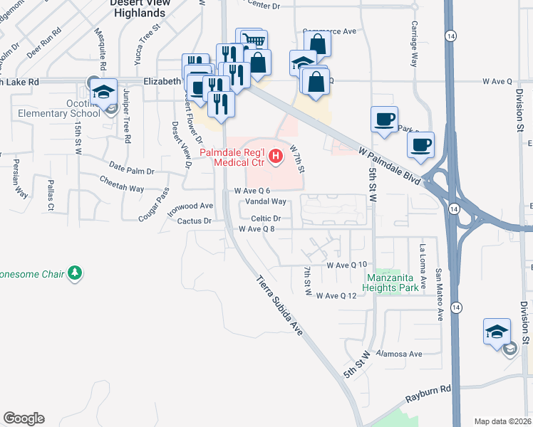 map of restaurants, bars, coffee shops, grocery stores, and more near 765 Celtic Drive in Palmdale