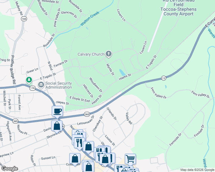 map of restaurants, bars, coffee shops, grocery stores, and more near Ridge Road in Toccoa