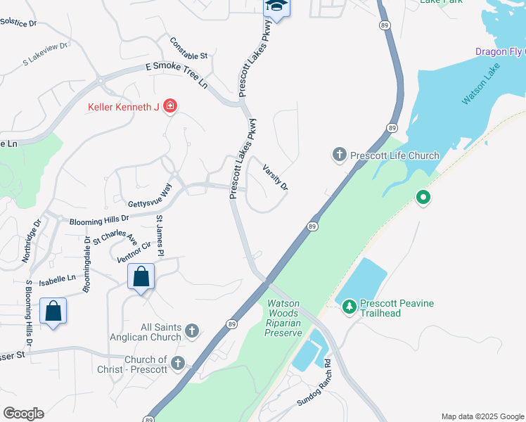 map of restaurants, bars, coffee shops, grocery stores, and more near 2225 Calgary Drive in Prescott