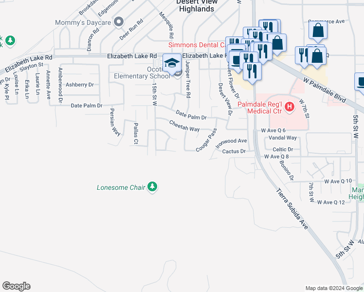 map of restaurants, bars, coffee shops, grocery stores, and more near 38425 Juniper Tree Road in Palmdale