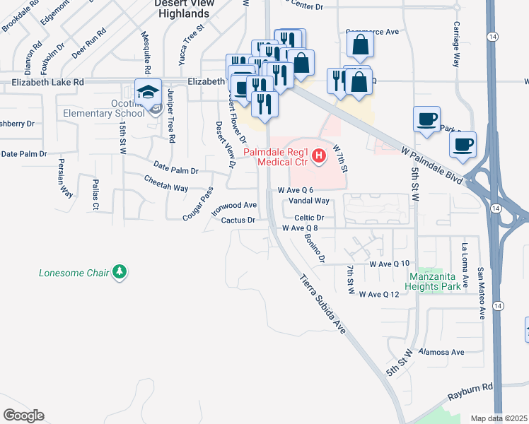 map of restaurants, bars, coffee shops, grocery stores, and more near 38428 Desert Flower Drive in Palmdale