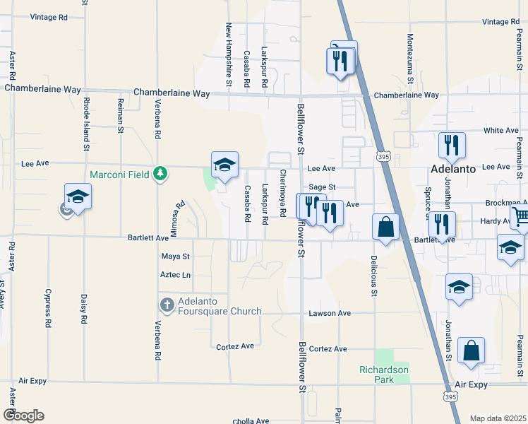 map of restaurants, bars, coffee shops, grocery stores, and more near 18200 Cherimoya Road in Adelanto