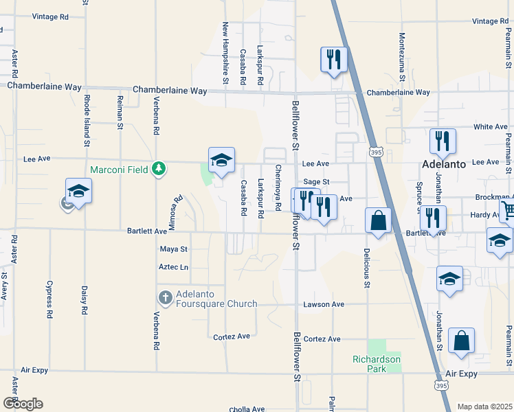 map of restaurants, bars, coffee shops, grocery stores, and more near 18195 Casaba Road in Adelanto