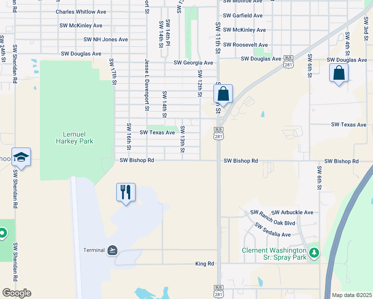 map of restaurants, bars, coffee shops, grocery stores, and more near 1223 Southwest Oklahoma Avenue in Lawton