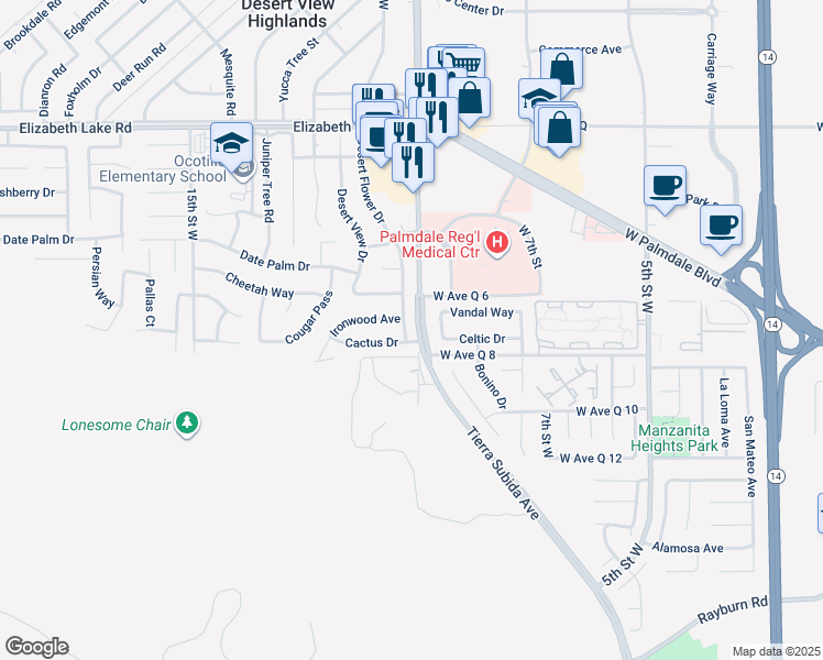 map of restaurants, bars, coffee shops, grocery stores, and more near 38428 Desert Flower Drive in Palmdale