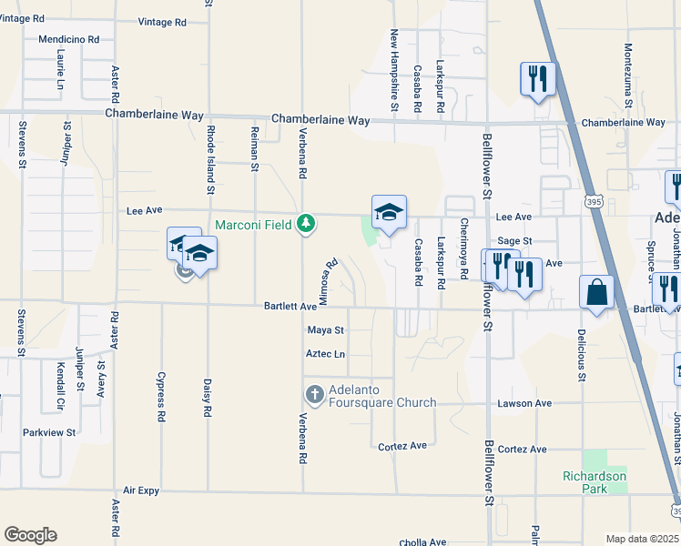 map of restaurants, bars, coffee shops, grocery stores, and more near 18148 Poinciana Road in Adelanto
