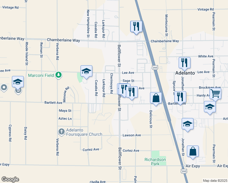 map of restaurants, bars, coffee shops, grocery stores, and more near Hardy Avenue in Adelanto