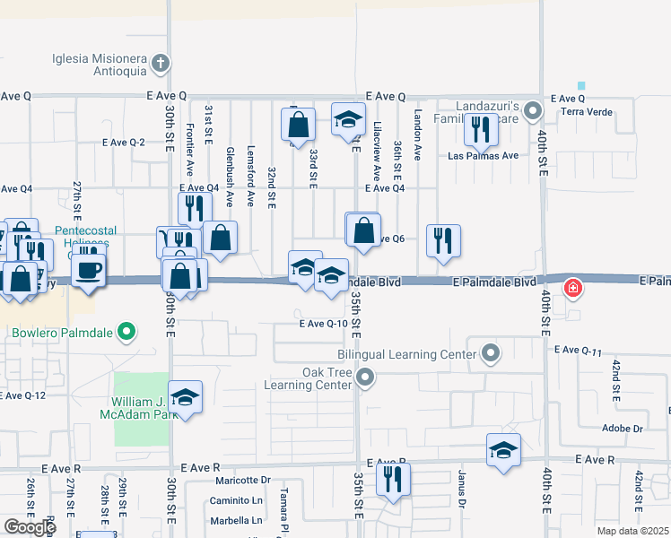 map of restaurants, bars, coffee shops, grocery stores, and more near 3305 East Palmdale Boulevard in Palmdale