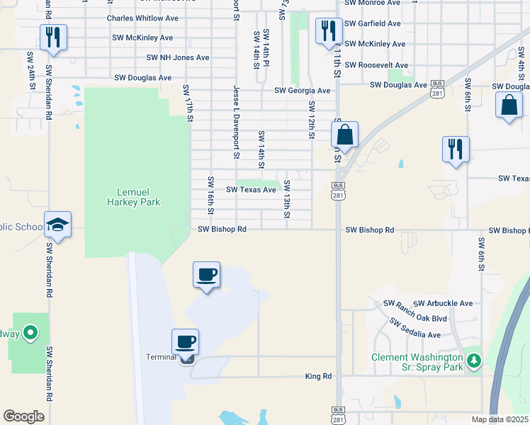 map of restaurants, bars, coffee shops, grocery stores, and more near 2602 Southwest 14th Street in Lawton