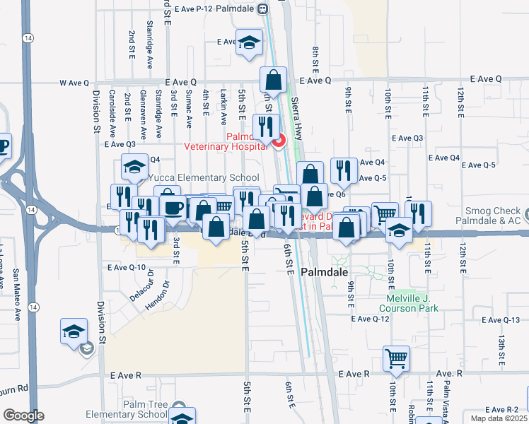 map of restaurants, bars, coffee shops, grocery stores, and more near 533 East Palmdale Boulevard in Palmdale