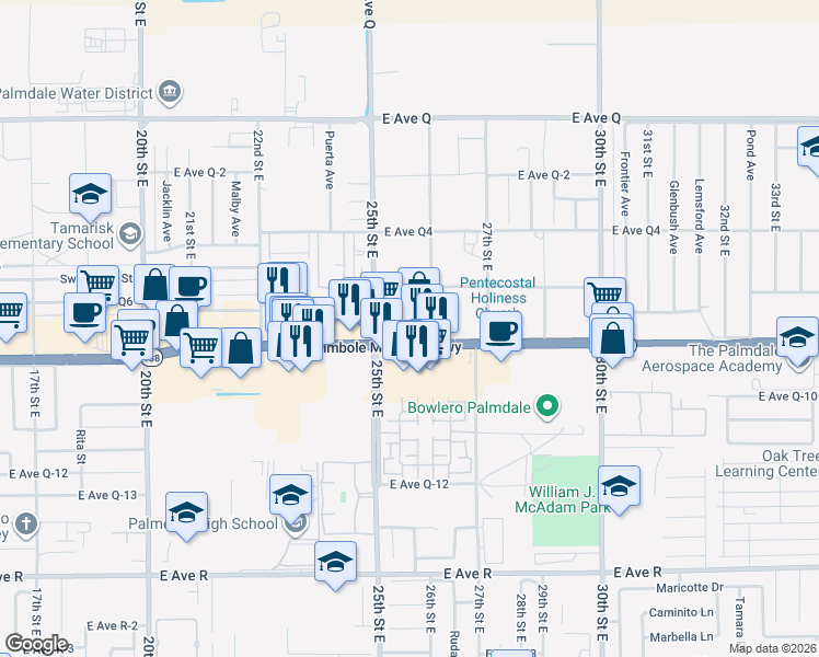map of restaurants, bars, coffee shops, grocery stores, and more near 2 West Palmdale Boulevard in Palmdale