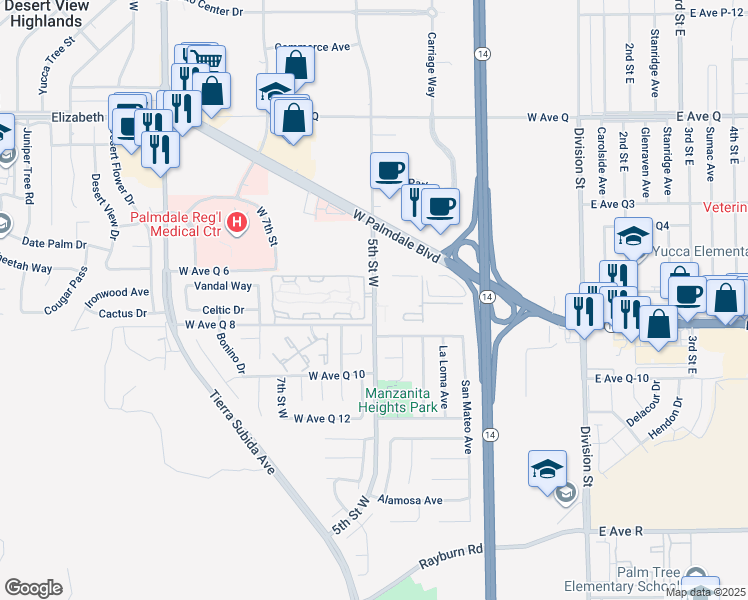 map of restaurants, bars, coffee shops, grocery stores, and more near 38451 5th Street West in Palmdale