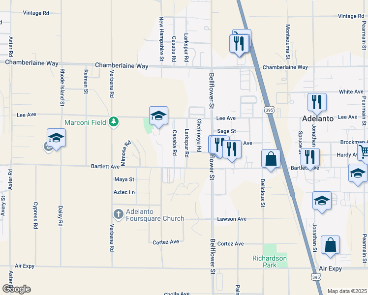 map of restaurants, bars, coffee shops, grocery stores, and more near 18195 Casaba Road in Adelanto