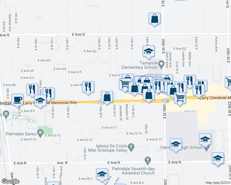 map of restaurants, bars, coffee shops, grocery stores, and more near 1605 East Palmdale Boulevard in Palmdale