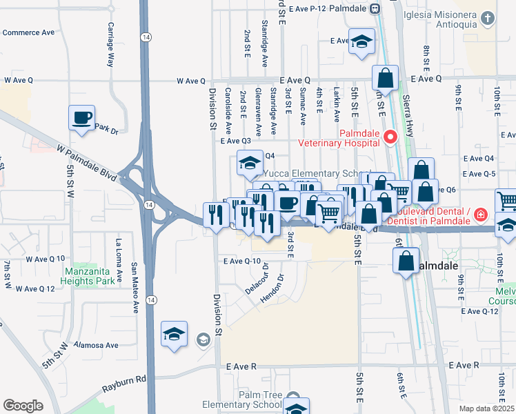 map of restaurants, bars, coffee shops, grocery stores, and more near 222 East Avenue Q7 in Palmdale