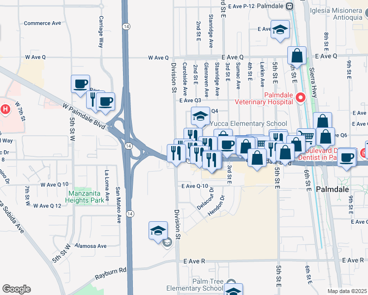 map of restaurants, bars, coffee shops, grocery stores, and more near 103 East Avenue Q7 in Palmdale