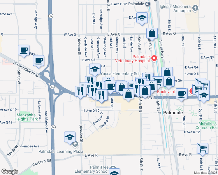 map of restaurants, bars, coffee shops, grocery stores, and more near 266 East Avenue Q7 in Palmdale