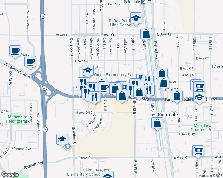 map of restaurants, bars, coffee shops, grocery stores, and more near 324 East Avenue Q7 in Palmdale