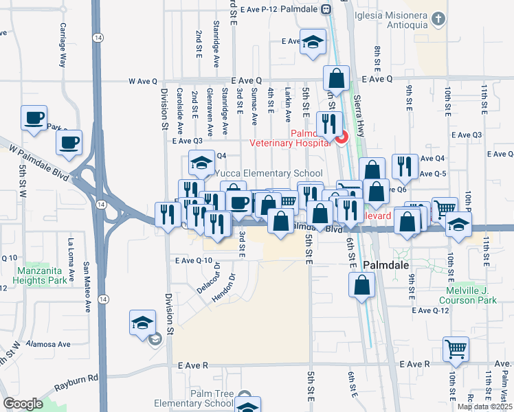 map of restaurants, bars, coffee shops, grocery stores, and more near 324 East Avenue Q7 in Palmdale