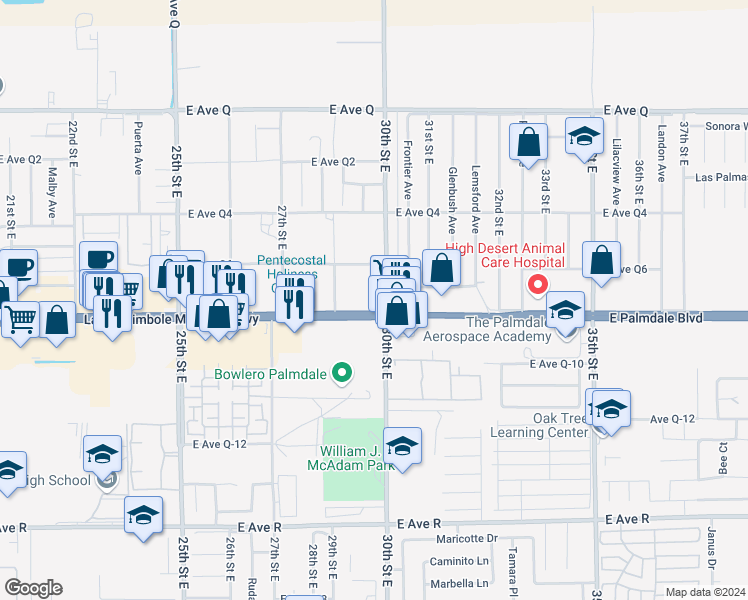 map of restaurants, bars, coffee shops, grocery stores, and more near 30 East Palmdale Boulevard in Palmdale