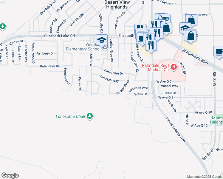 map of restaurants, bars, coffee shops, grocery stores, and more near 38444 Juniper Tree Road in Palmdale