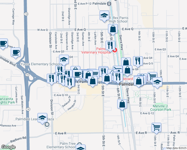 map of restaurants, bars, coffee shops, grocery stores, and more near 414 Avenue Q-7 in Palmdale