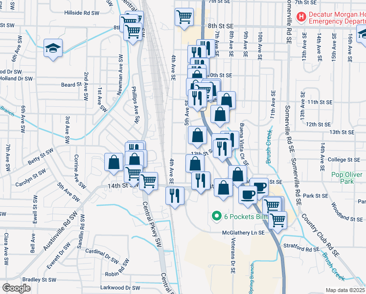 map of restaurants, bars, coffee shops, grocery stores, and more near 412 13th Street Southeast in Decatur