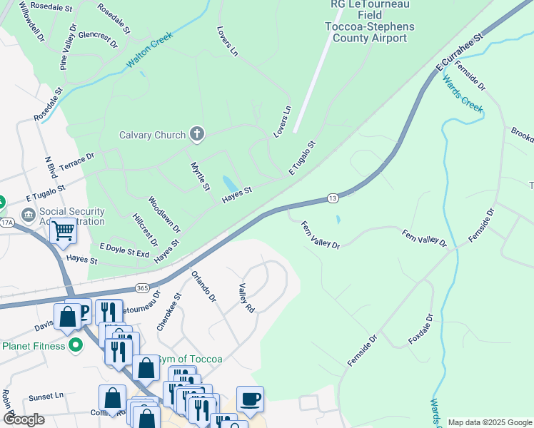 map of restaurants, bars, coffee shops, grocery stores, and more near East Currahee Street in Toccoa