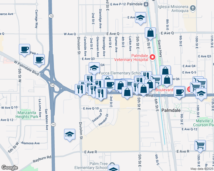 map of restaurants, bars, coffee shops, grocery stores, and more near 262 Avenue Q-7 in Palmdale