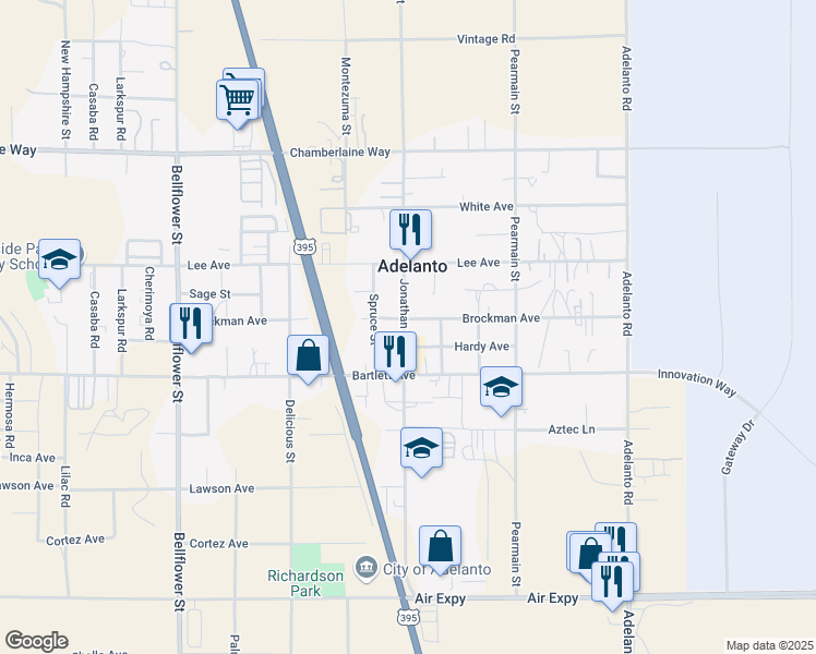 map of restaurants, bars, coffee shops, grocery stores, and more near Brockman Avenue in Adelanto