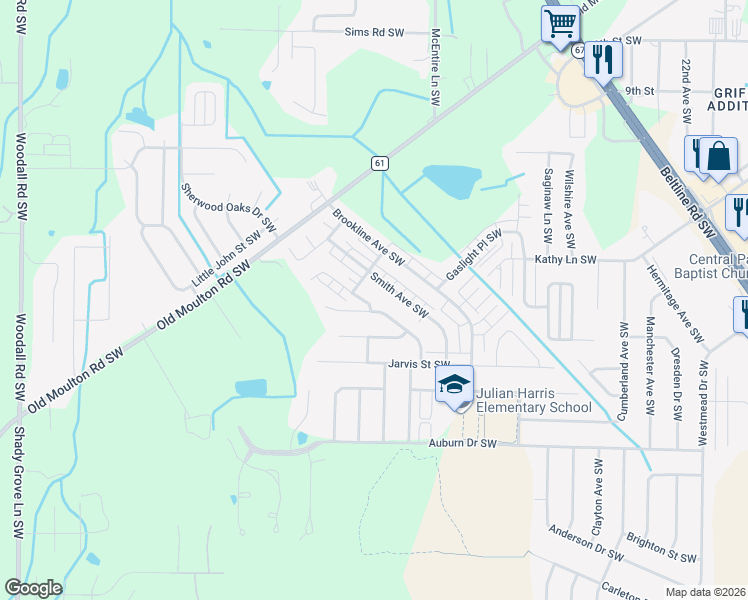 map of restaurants, bars, coffee shops, grocery stores, and more near 1409 Smith Avenue Southwest in Decatur