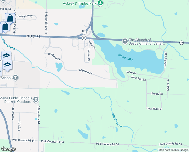 map of restaurants, bars, coffee shops, grocery stores, and more near 2504 Midland Drive in Mena