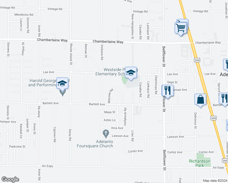 map of restaurants, bars, coffee shops, grocery stores, and more near 18154 Poinciana Road in Adelanto