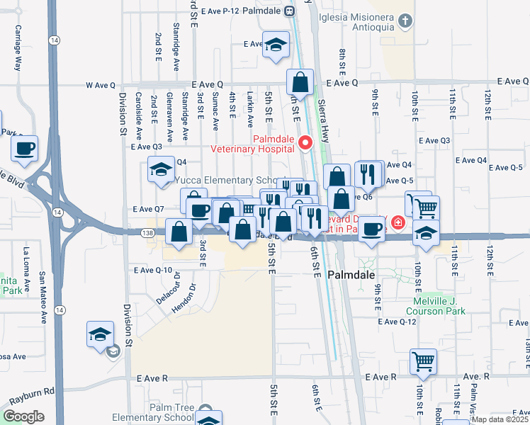 map of restaurants, bars, coffee shops, grocery stores, and more near 38444 5th Street East in Palmdale
