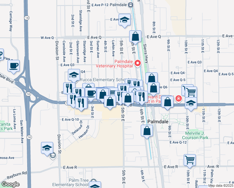 map of restaurants, bars, coffee shops, grocery stores, and more near 433 East Avenue Q-7 in Palmdale