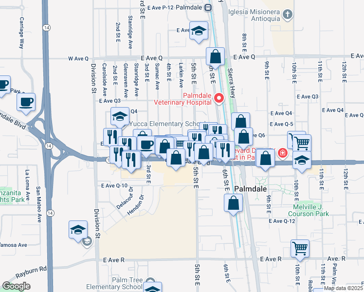 map of restaurants, bars, coffee shops, grocery stores, and more near 433 East Avenue Q-7 in Palmdale