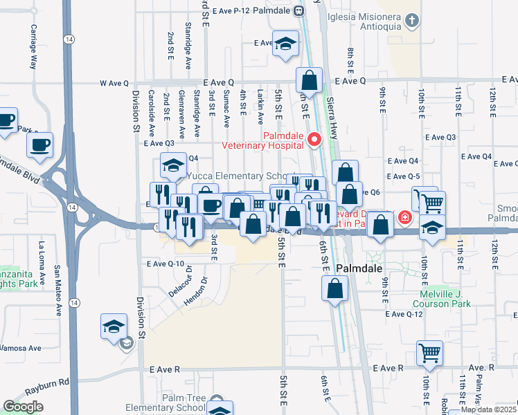 map of restaurants, bars, coffee shops, grocery stores, and more near 433 East Avenue Q-7 in Palmdale