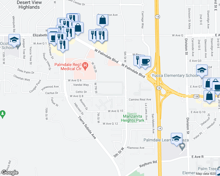 map of restaurants, bars, coffee shops, grocery stores, and more near 38441 5th Street West in Palmdale