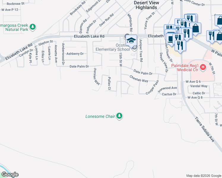 map of restaurants, bars, coffee shops, grocery stores, and more near 1557 Caracal Way in Palmdale