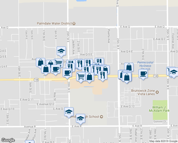 map of restaurants, bars, coffee shops, grocery stores, and more near 2133 East Palmdale Boulevard in Palmdale